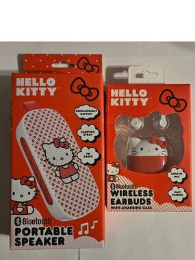 New In Box Hello Kitty Portable Bluetooth Speaker and wireless Earbuds